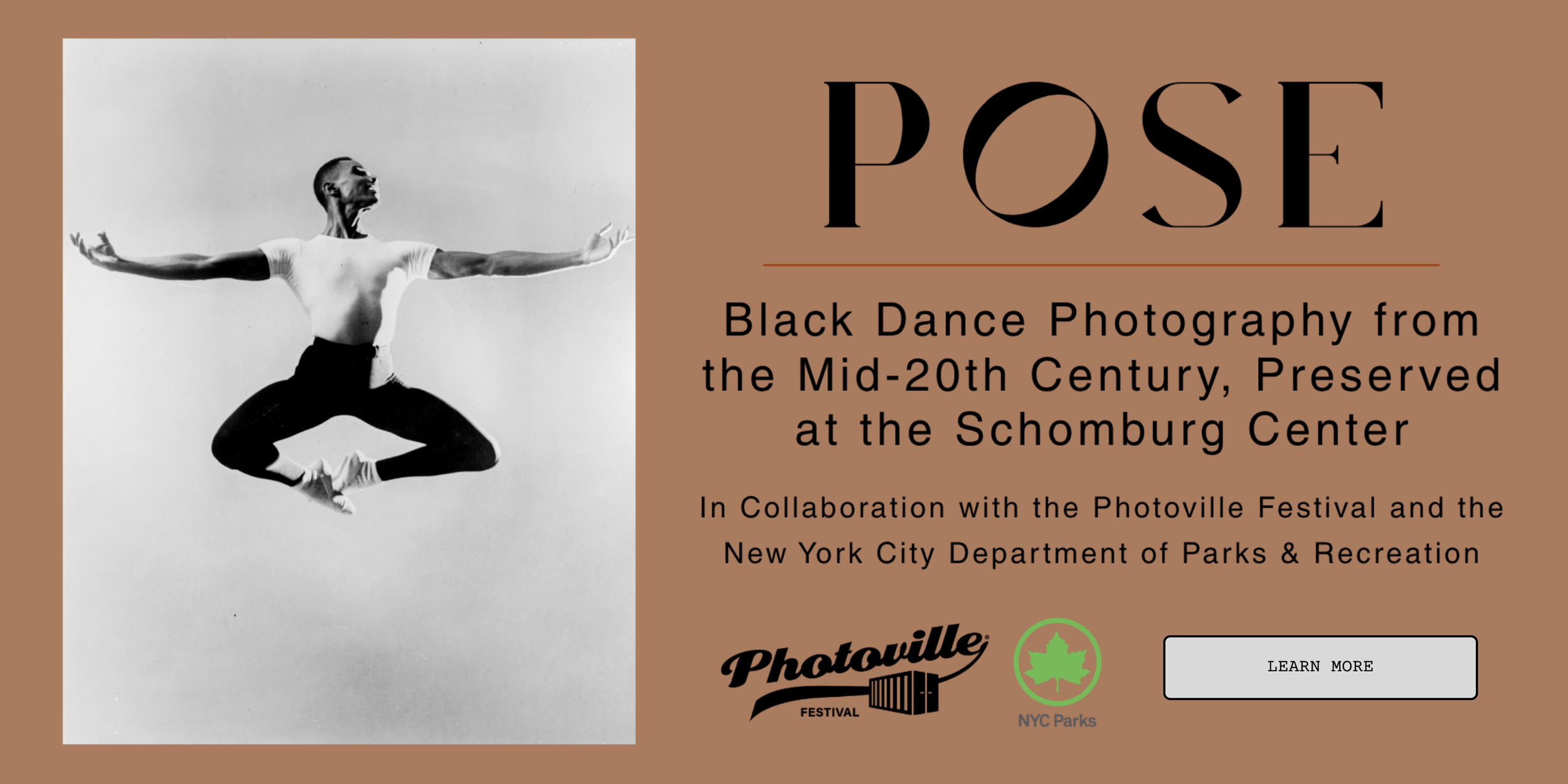 Graphic site banner announcing a Photoville Exhibition in partnership with Schomburg Center, Pose: Black Dance photography from the Mid-20th Century
