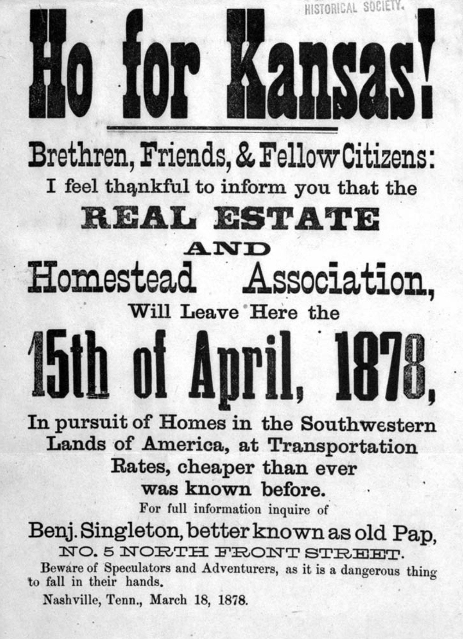 ★ c. 1887, “Ho For Kansas” advertisement for Black emigration to Kansas, by Benjamin ‘Pap’ Singleton, Kansas State Historical Society., Kansas Memory Digital Collections, Object ID 209311.  