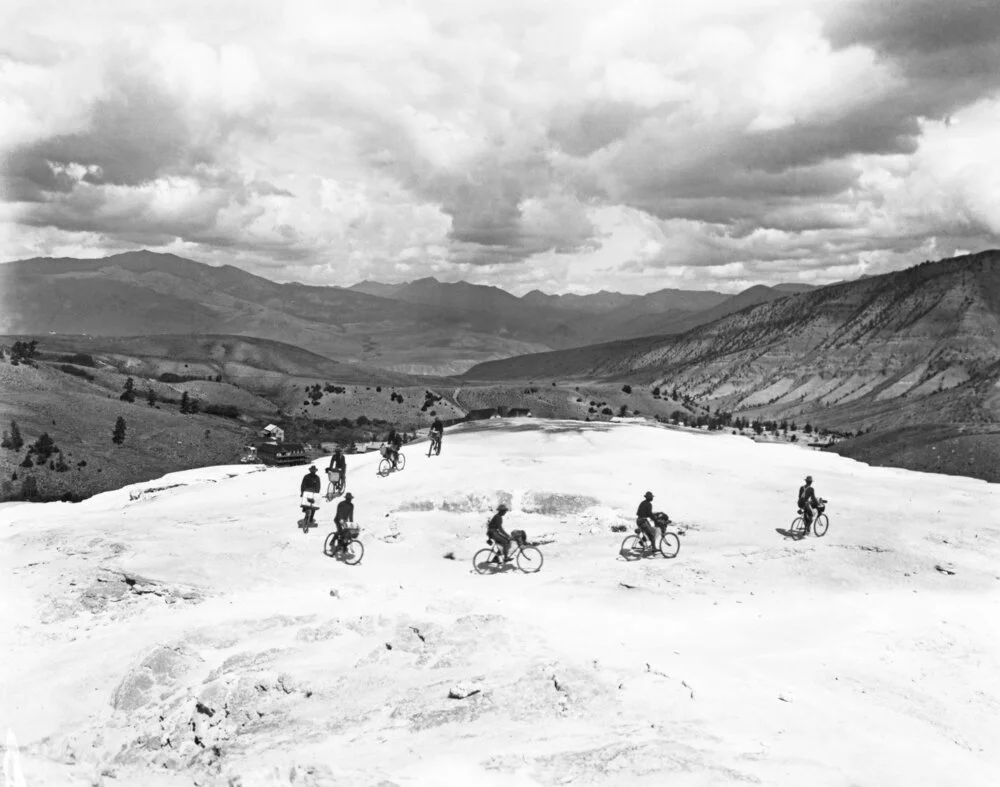 October, 7, 1896, 25th Infantry Bicycle Corps riding at the top of Minerva Terrace, Mammoth Hot Springs, Yellowstone National Park. Montana Historical Society Library and Archives, Haynes Foundation Photograph Collection [H-03616].
