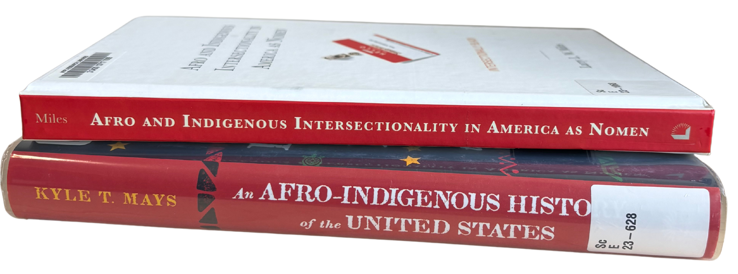 This is an image of two books stacked on top of one another, "Afro and Indigenous Intersectionality in America as Nomen" and "An AfroIndigenous History of the United States"