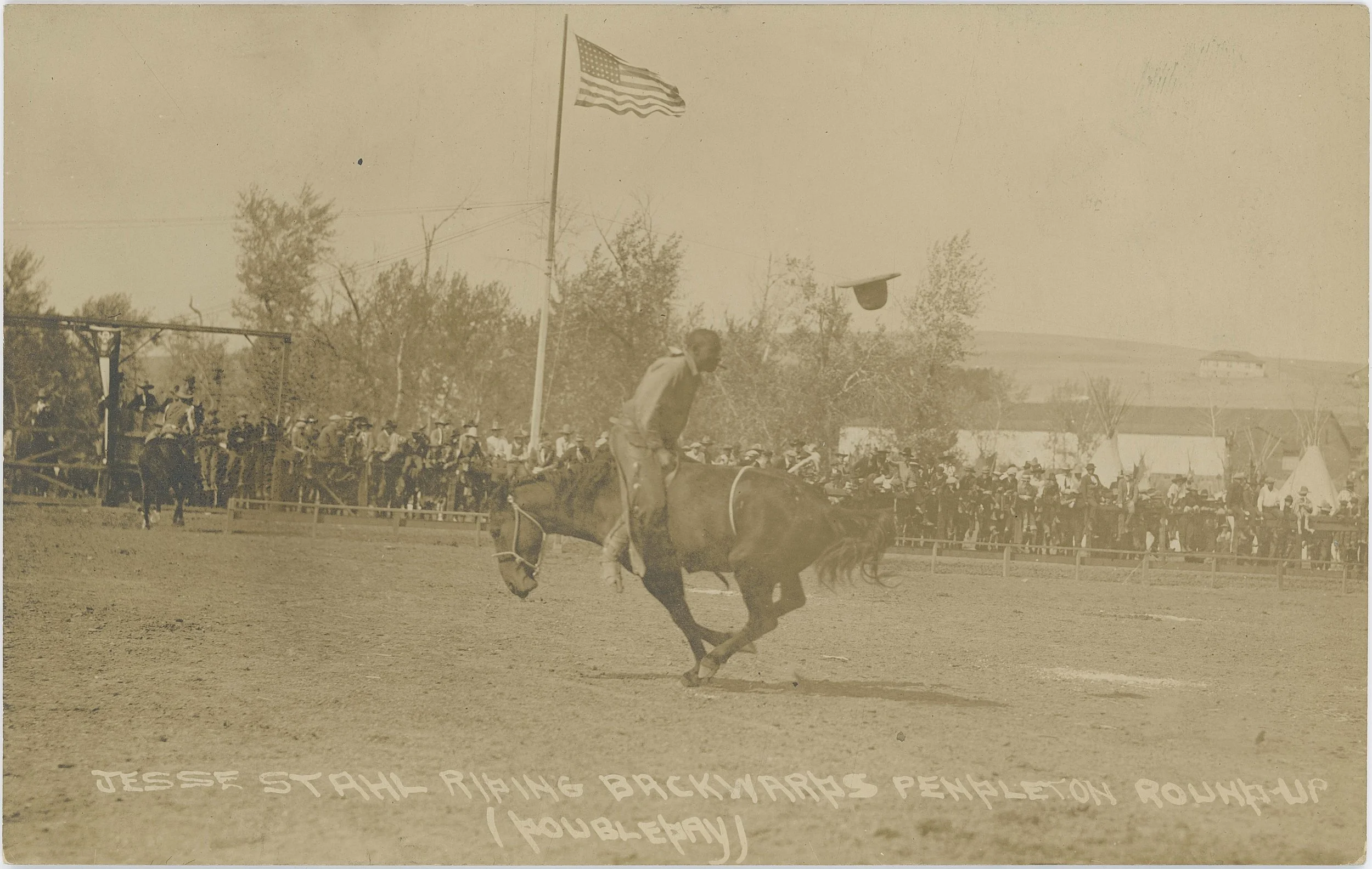 ★ c. 1922, Jesse Stahl riding backwards at the  "Pendleton Round-Up," Pendleton, Oregon. National Cowboy & Western Heritage Museum, Dickinson Research Center, Oklahoma City, OK, RC2006.116.