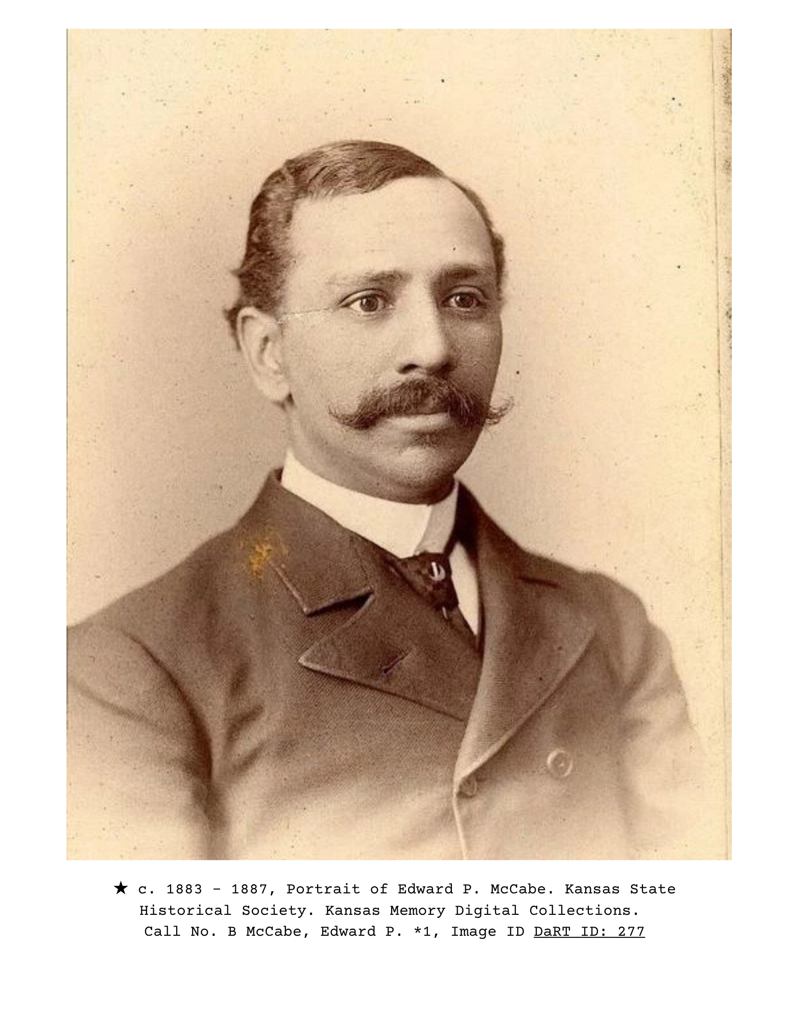 Portrait of Edward P. McCabe, preserved by the Kansas State Historical Society, shared in this digital exhibition about the Black West by the Schomburg Center for Research in Black Culture