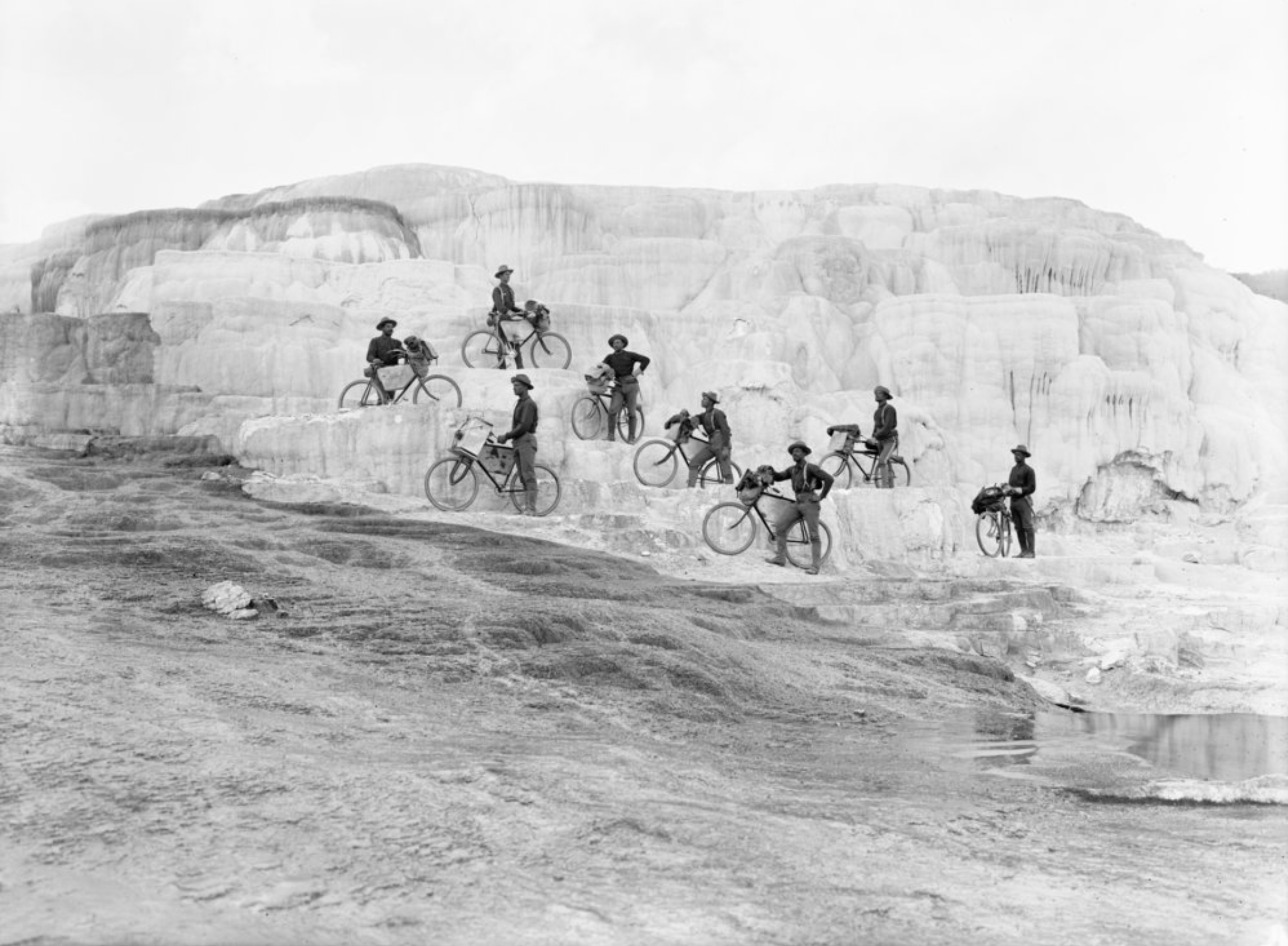 ★ October 7, 1896, 25th Infantry Bicycle Corps with bicycles posed on the side of Minerva Terrace at Mammoth Hot Springs, Yellowstone National Park, Wyoming. Montana Historical Society Library and Archives. Haynes Foundation Photograph Collection. Im