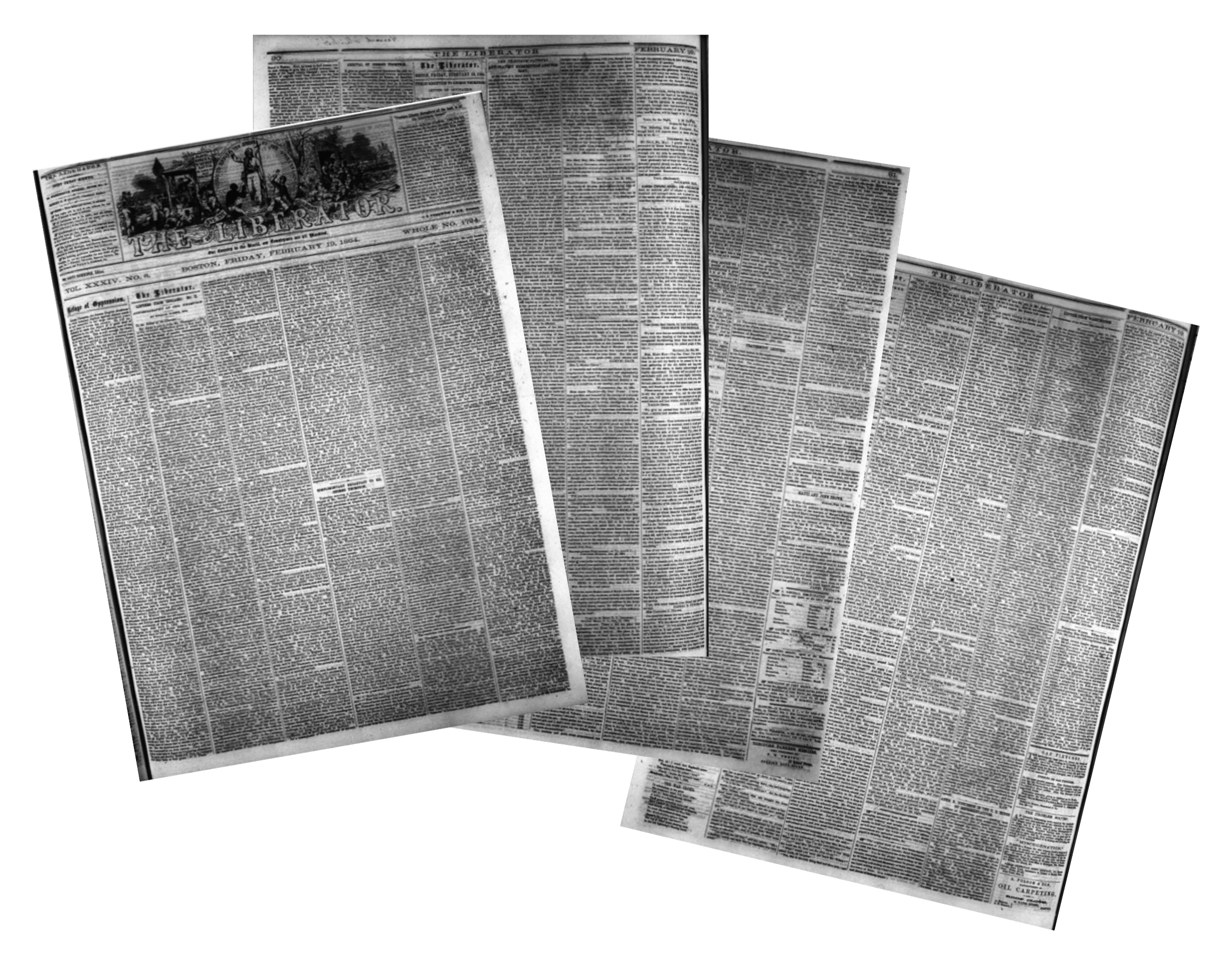 This is a collage of digitized newspapers reflecting the interview by Edmonia Lewis for the 1864 article in the Liberator newspaper, preserved by the Schomburg Center for Research in Black Culture