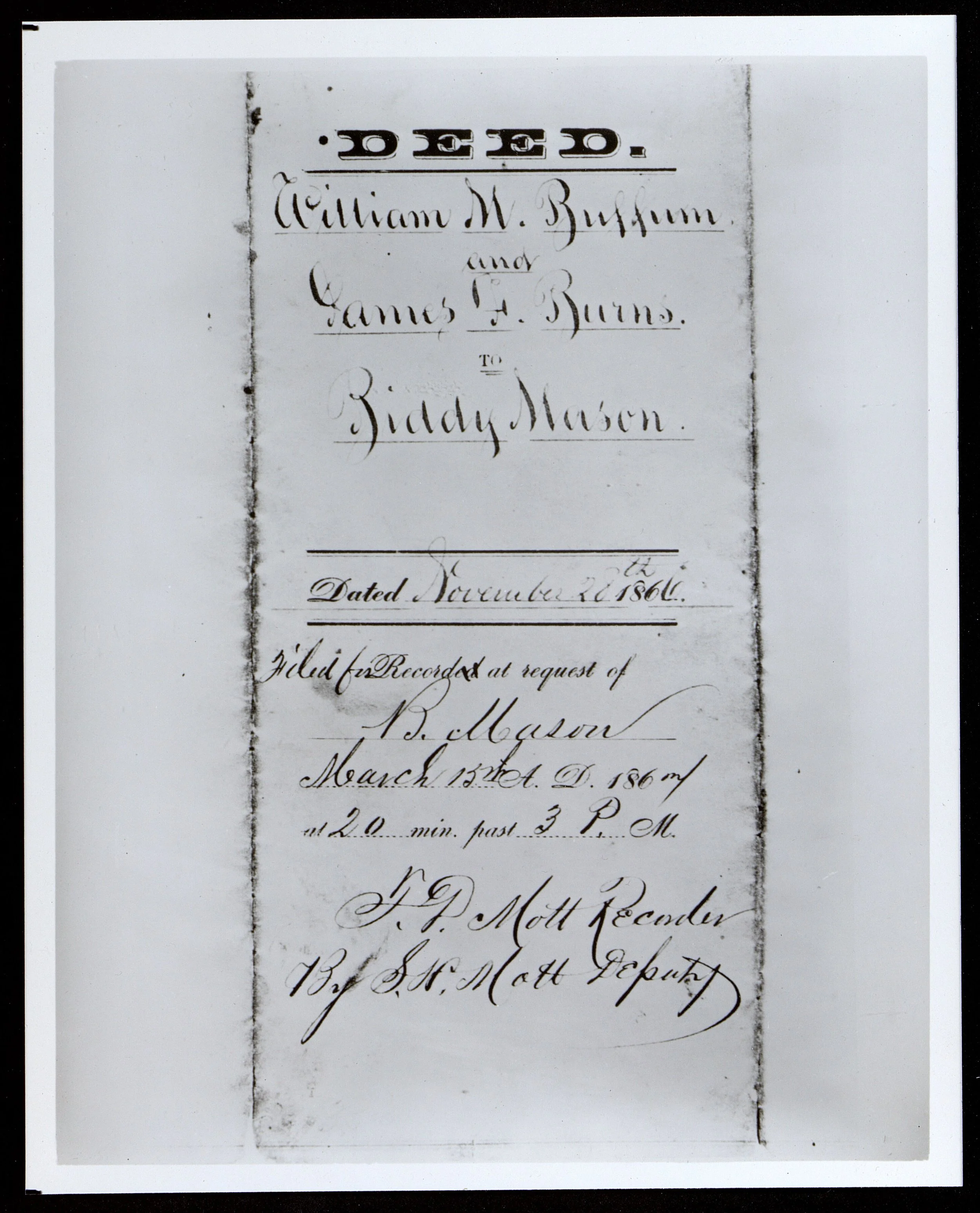 ★ November 28, 1866, Biddy Mason's deed to two lots in downtown Los Angeles (photographed 1930-1989). Miriam Matthews Photograph Collection. UCLA Library Digital Collections. Local identifier, uclalsc_1889_b03_f04_002.