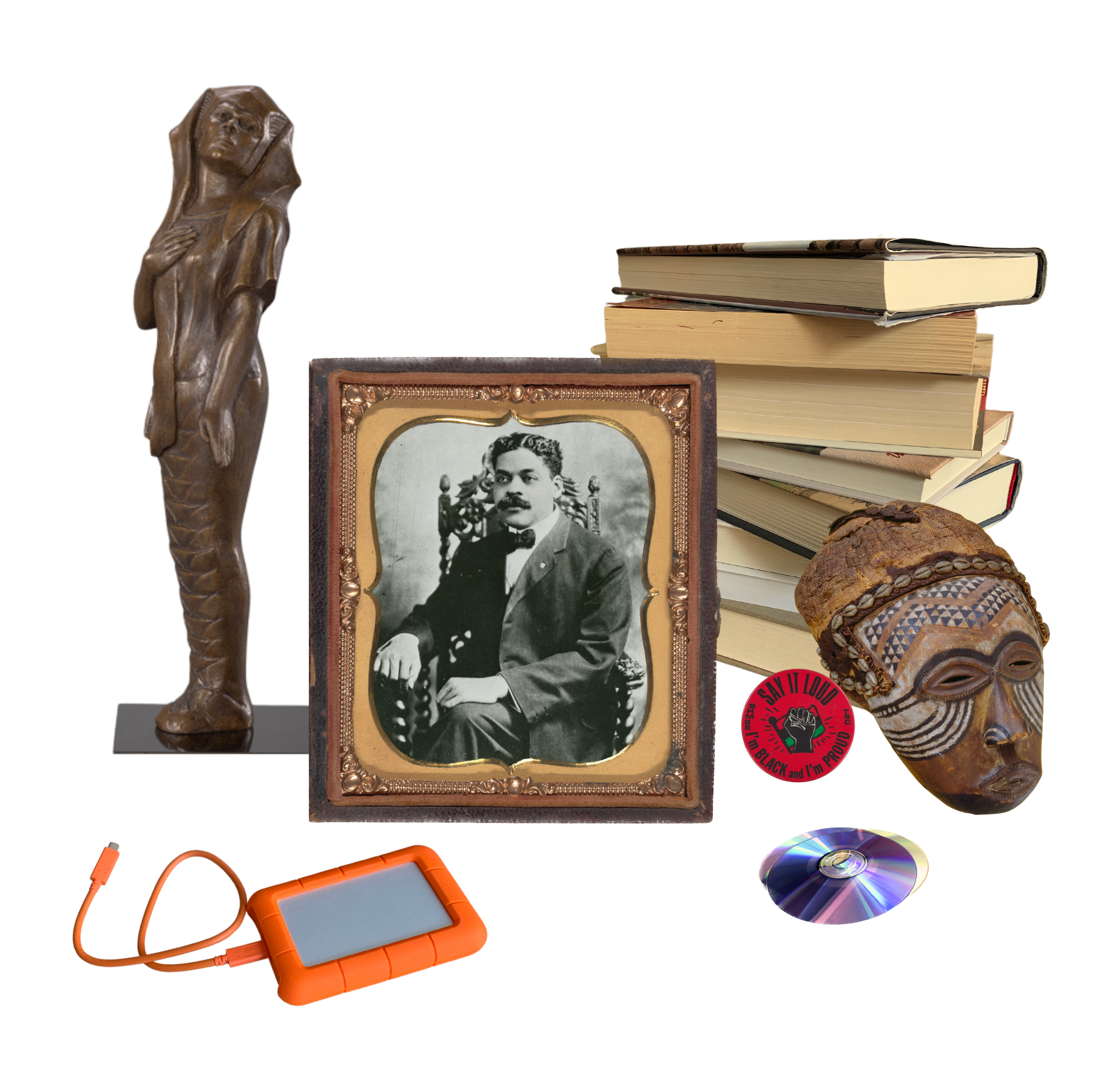 A compilation of archival materials and a photograph of Arturo Schomburg; the visual identity of Digital Schomburg
