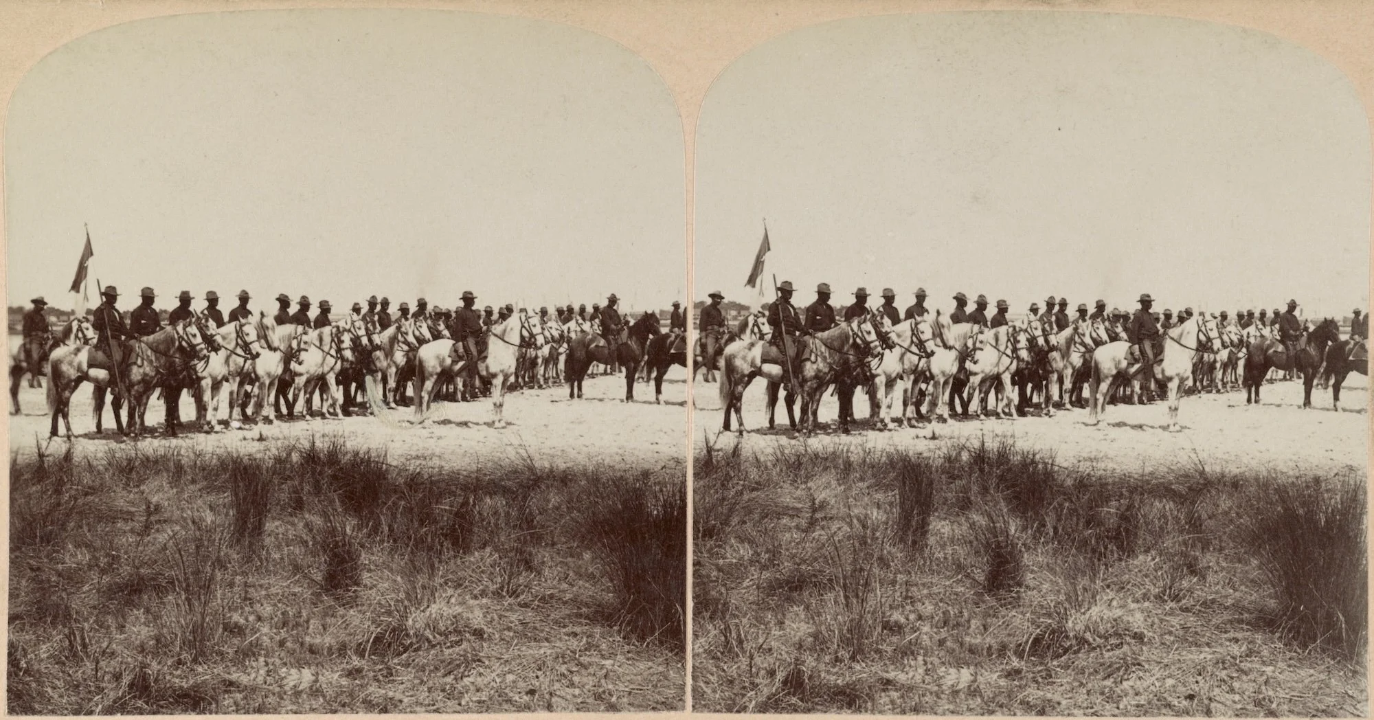 ★ c. 1898, Stereograph of Ninth Cavalry Regiment, African American soldiers of Troop A, 9th U.S. Cavalry, on horseback during the Spanish American War. Library of Congress Prints and Photographs Division, Digital ID [ds 05462].
