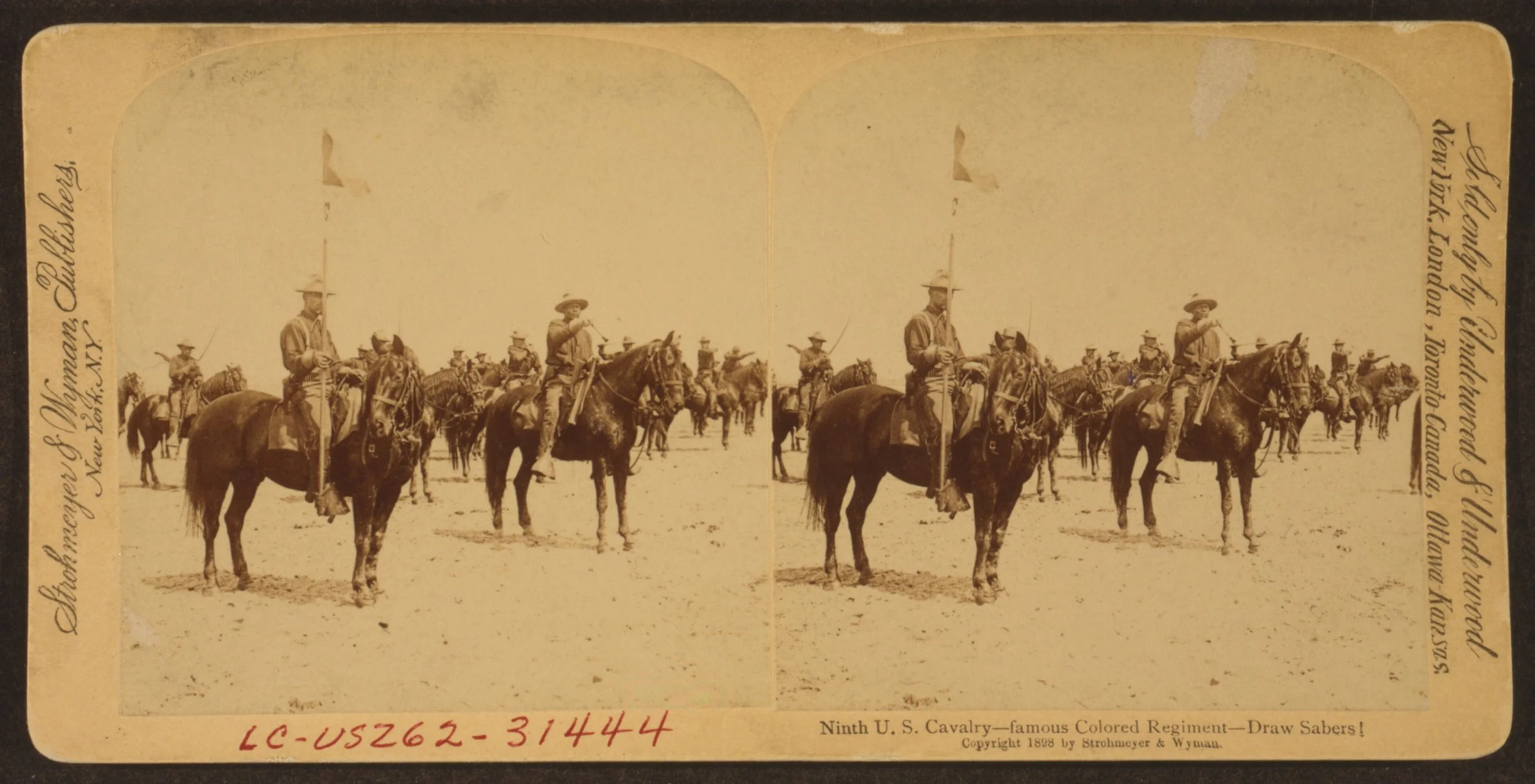 ★ c. 1898, Stereograph of Ninth U.S. Cavalry--famous Colored Regiment of African American soldiers on horseback. Library of Congress Prints and Photographs Division. Digital ID [cph 3g07967]. 