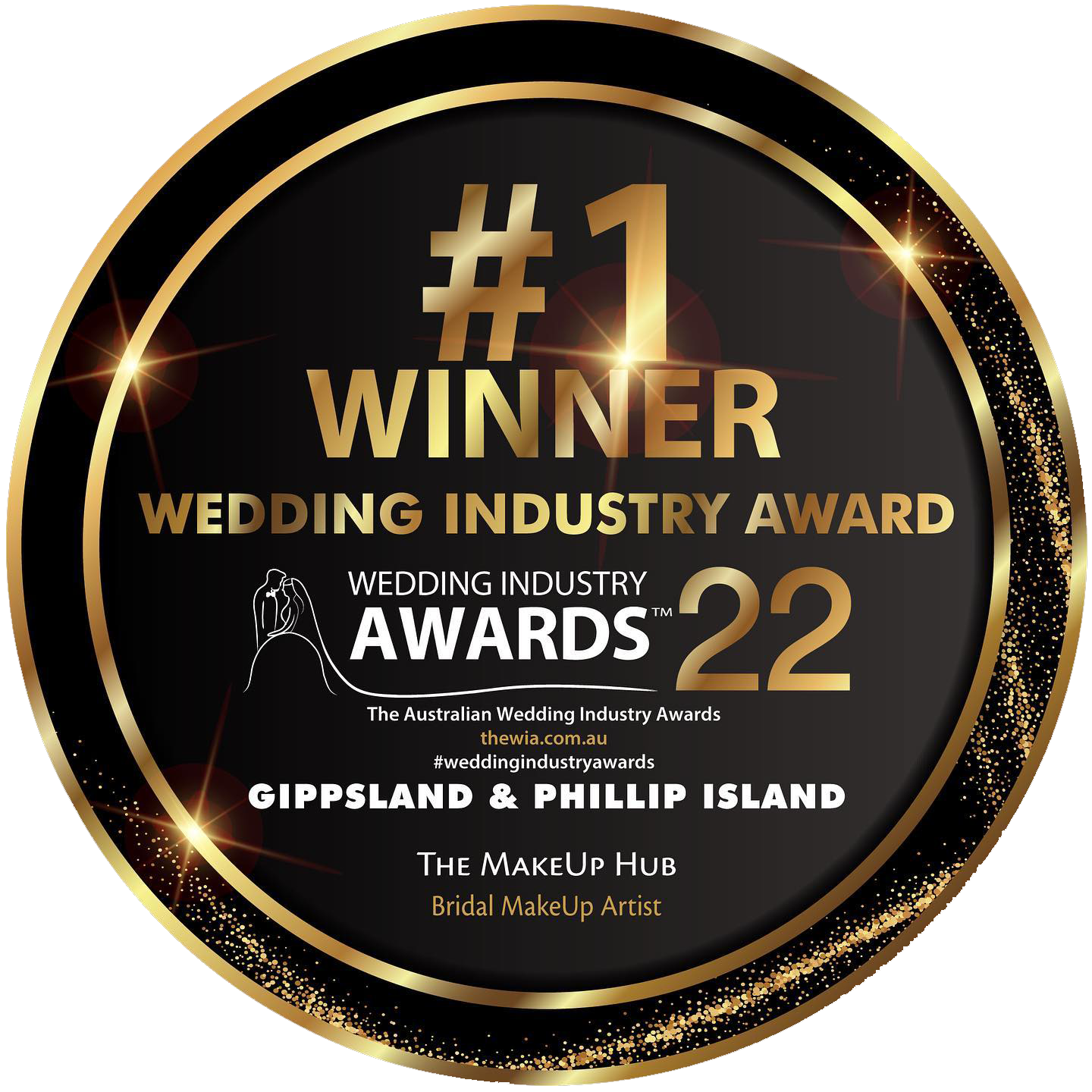 Golden badge stating '#1 WINNER Wedding Industry Award 22, presented by The Australian Wedding Industry Awards, with details about the Gippsland & Phillip Island, The MakeUp Hub, and Bridal MakeUp Artist, featuring a silhouette of a bride and groom.