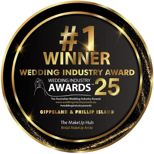 A circular award plaque with a black background and gold accents, indicating first place in the wedding industry awards, presented to The MakeUp Hub, a bridal makeup artist, on Gippsland & Phillip Island, with the website and social media handles listed.