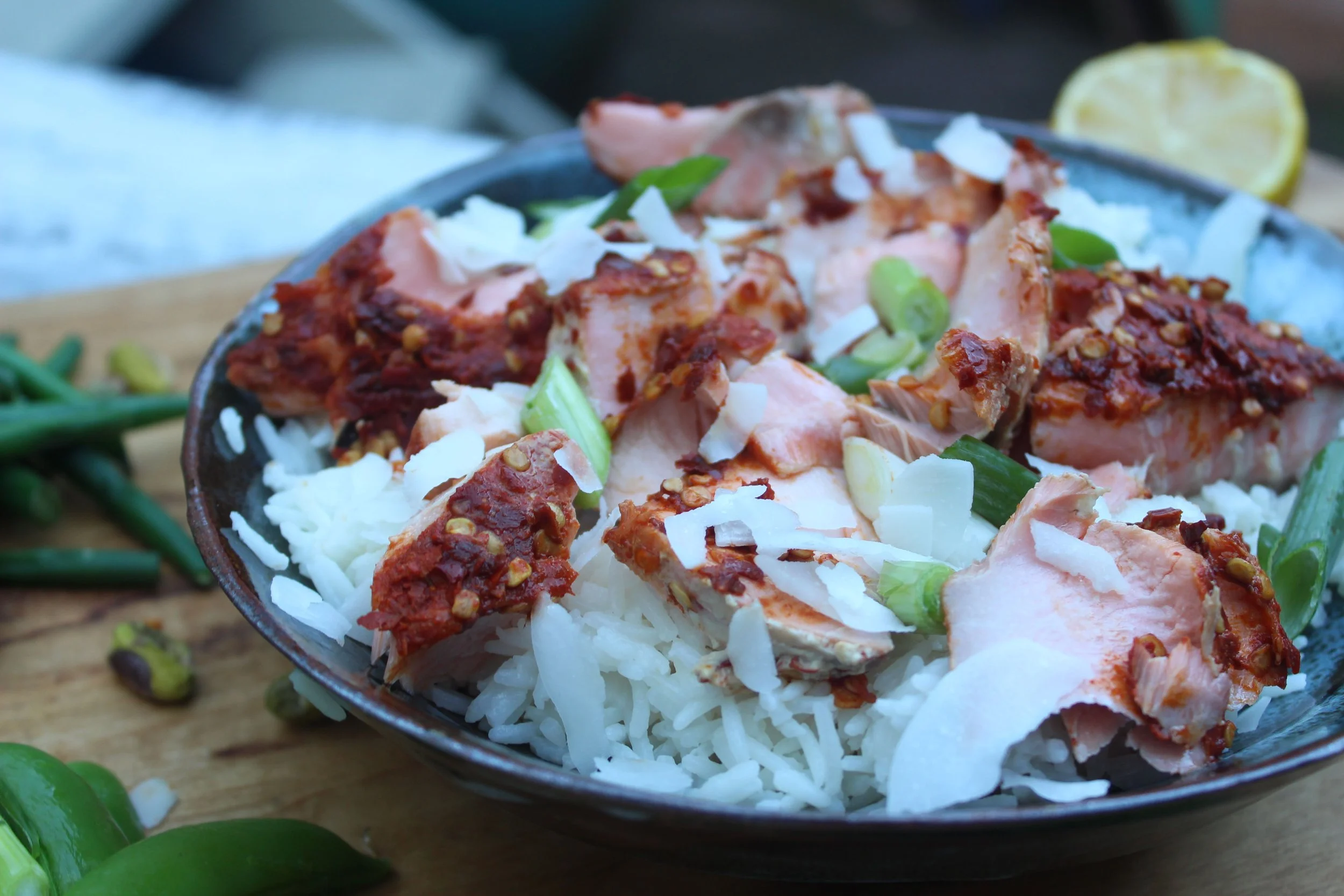 HOT SMOKED SALMON SALAD WITH COCONUT RICE