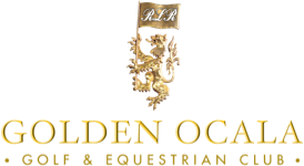 Golden Ocala Golf & Equestrian Club logo with gold and black text and ornate design elements