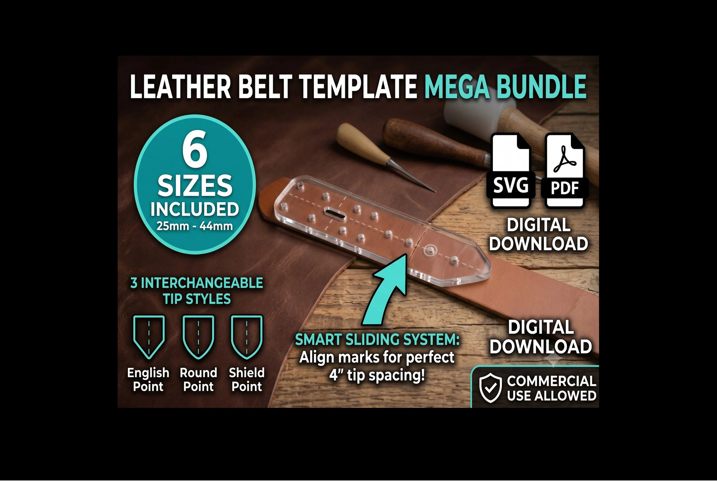 Leather Belt Template Print / Laser Cut Vector Bundle | 6 Sizes (25mm - 44mm) & 3 Tip Styles | SVG PDF