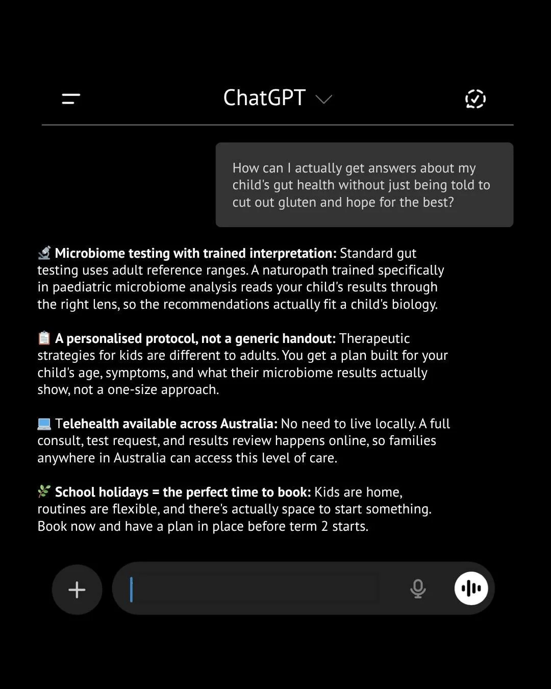 Imagine your child's recurring tummy aches, skin flares, or "just always getting sick" actually getting investigated properly, without any overwhelm, stress, or trial and error guessing.

That's exactly what a paediatric microbiome consult 