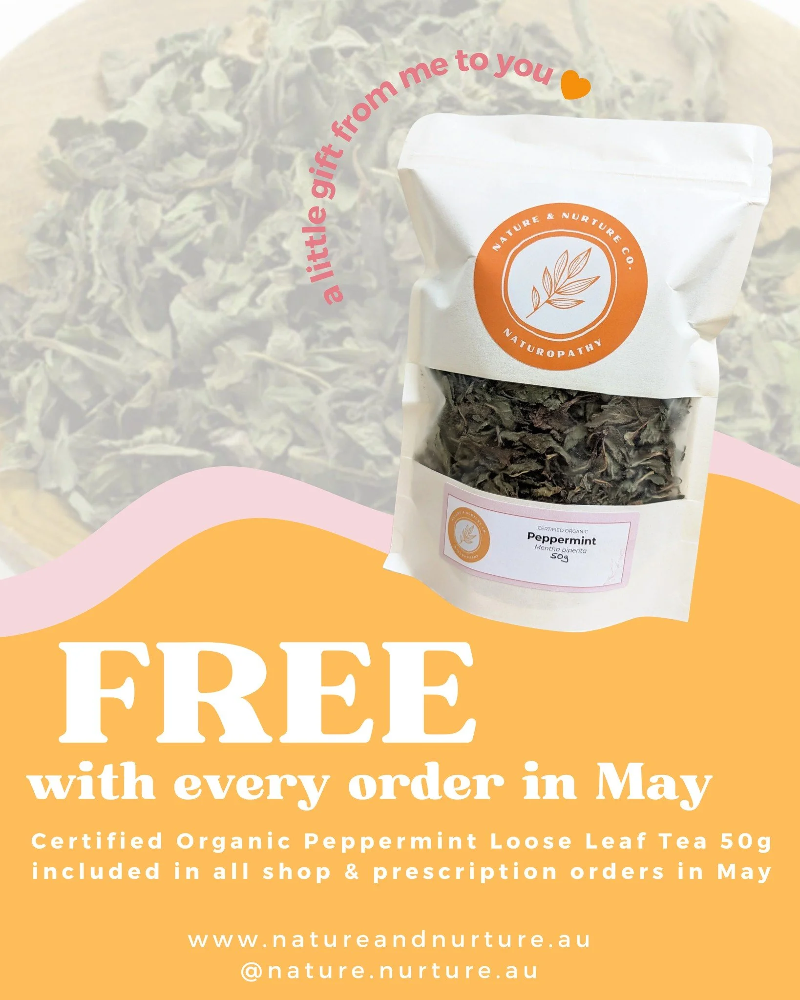 A little gift from me to you this May 🧡

Every order placed during May, whether that's a prescription or a shop order, comes with a free 50g bag of certified organic peppermint loose leaf tea, included automatically 🎉

Peppermint is one of those he