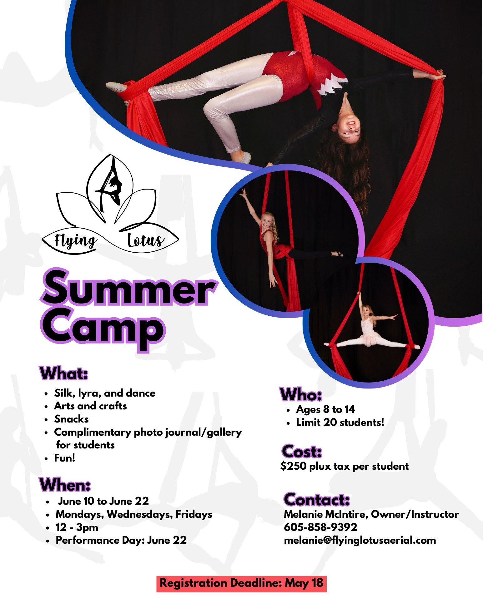 Summer camp registrations are open and underway.

We have limited spots (20 students) so be sure to register before May 18th to secure your spot!

Contact melanie@flyinglotusaerial.com or call/text Melanie at 605-858-9392.