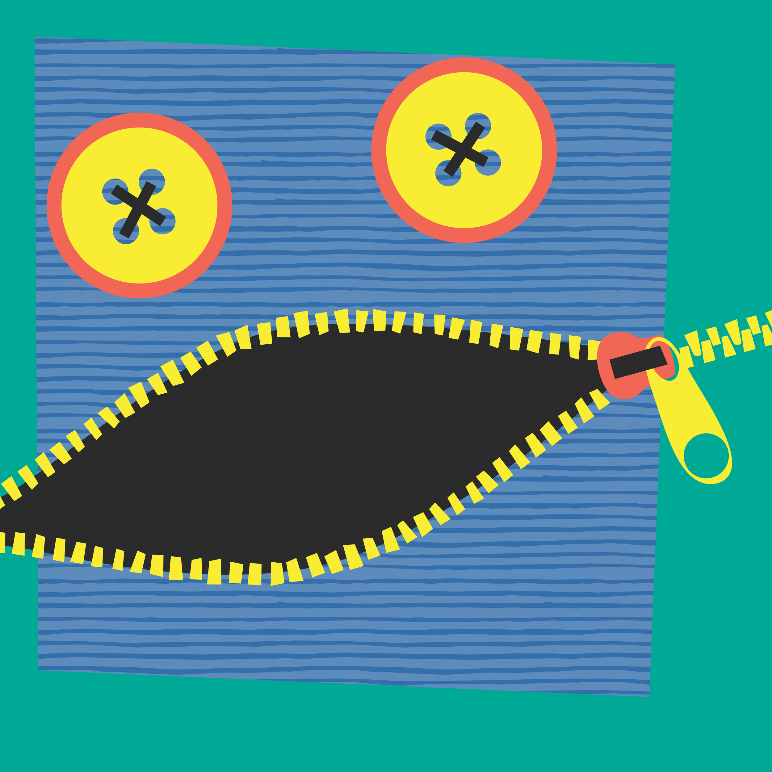 Two buttons and an open zipper arranged to look like a surprised face with eyes and open mouth