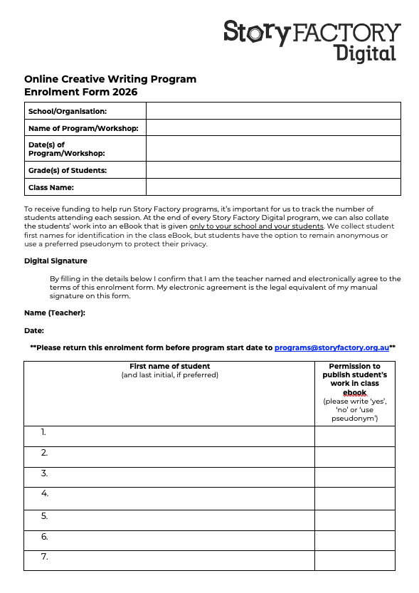 2026 Story Factory Digital Enrolment Form