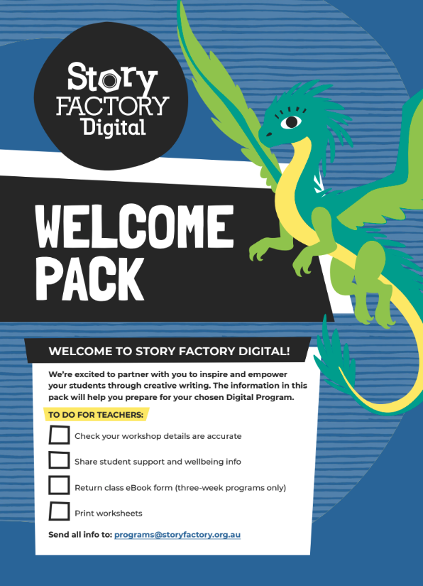 Story Factory Digital Welcome Pack title page with dragon graphic and checklist of tasks for teachers