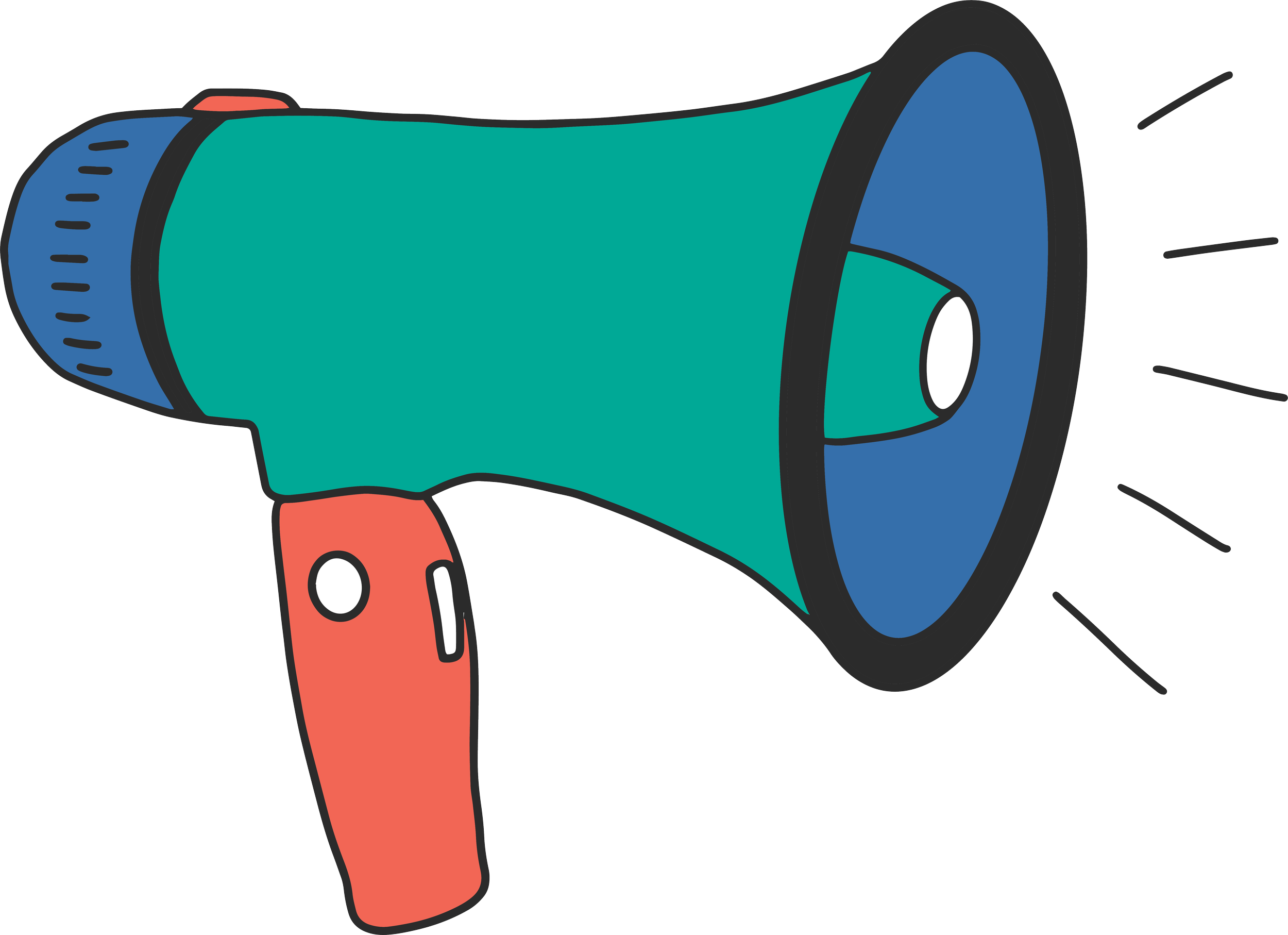 Cartoon megaphone in blue, teal and red