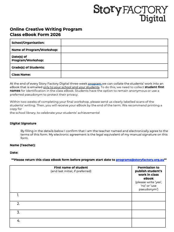 Screenshot of Class eBook Form for Story Factory Digital 2026