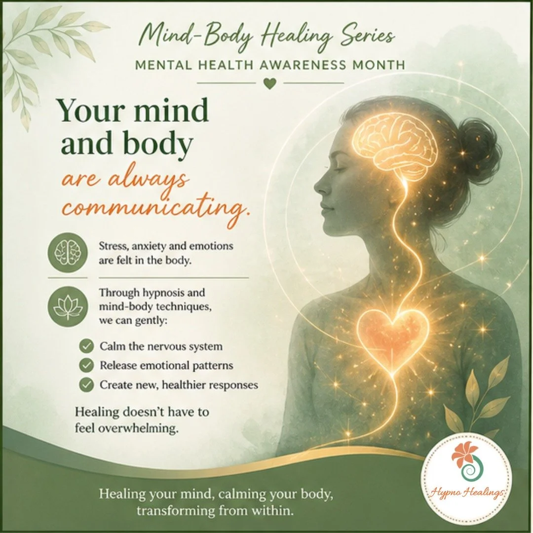 Mental health isn&rsquo;t &ldquo;just in your head.&rdquo;
 It&rsquo;s deeply connected to your nervous system, body, and subconscious patterns.
Through hypnosis and mind-body techniques, we can gently:
 ✨ Calm the nervous system
 ✨ Release emotional