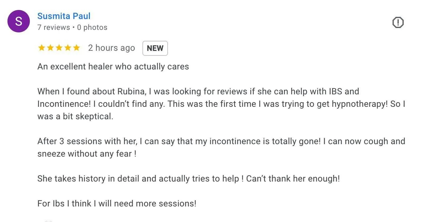 I&rsquo;m deeply grateful for this beautiful review and for the trust my clients place in me during such personal journeys. Issues like IBS, gut discomfort, stress-related symptoms, and even incontinence can feel isolating and emotionally exhausting,