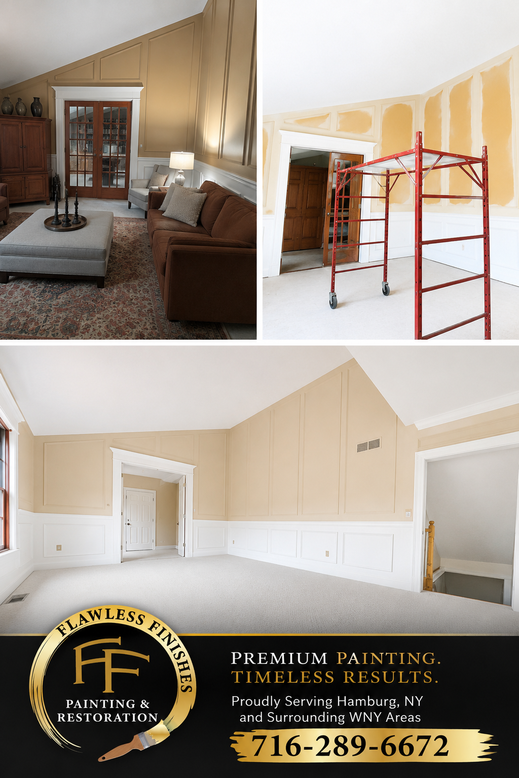 Before and after renovation images of a living room with a beige and white color scheme. Popcorn Removal , Interior Painting in Hamburg NY 