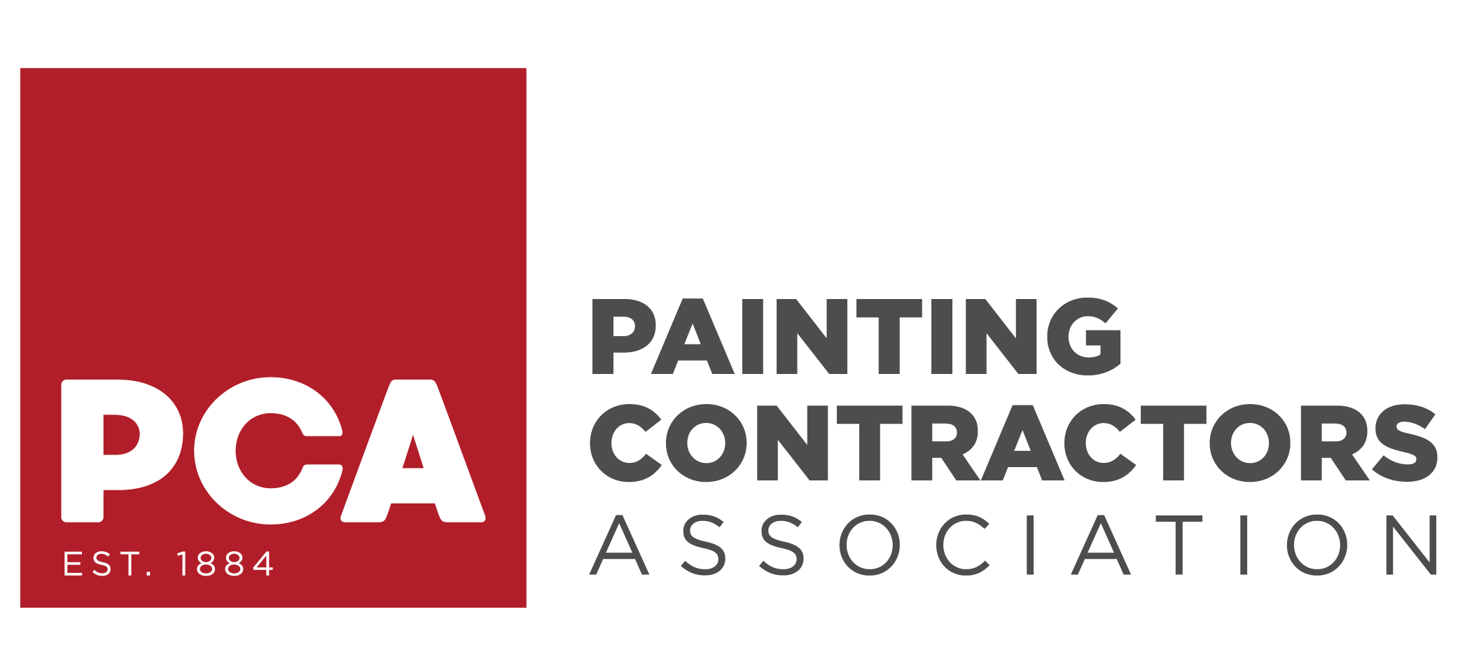 Logo for Painting Contractors Association (PCA) with red square and white text "PCA" and black text "Painting Contractors Association EST. 1884".