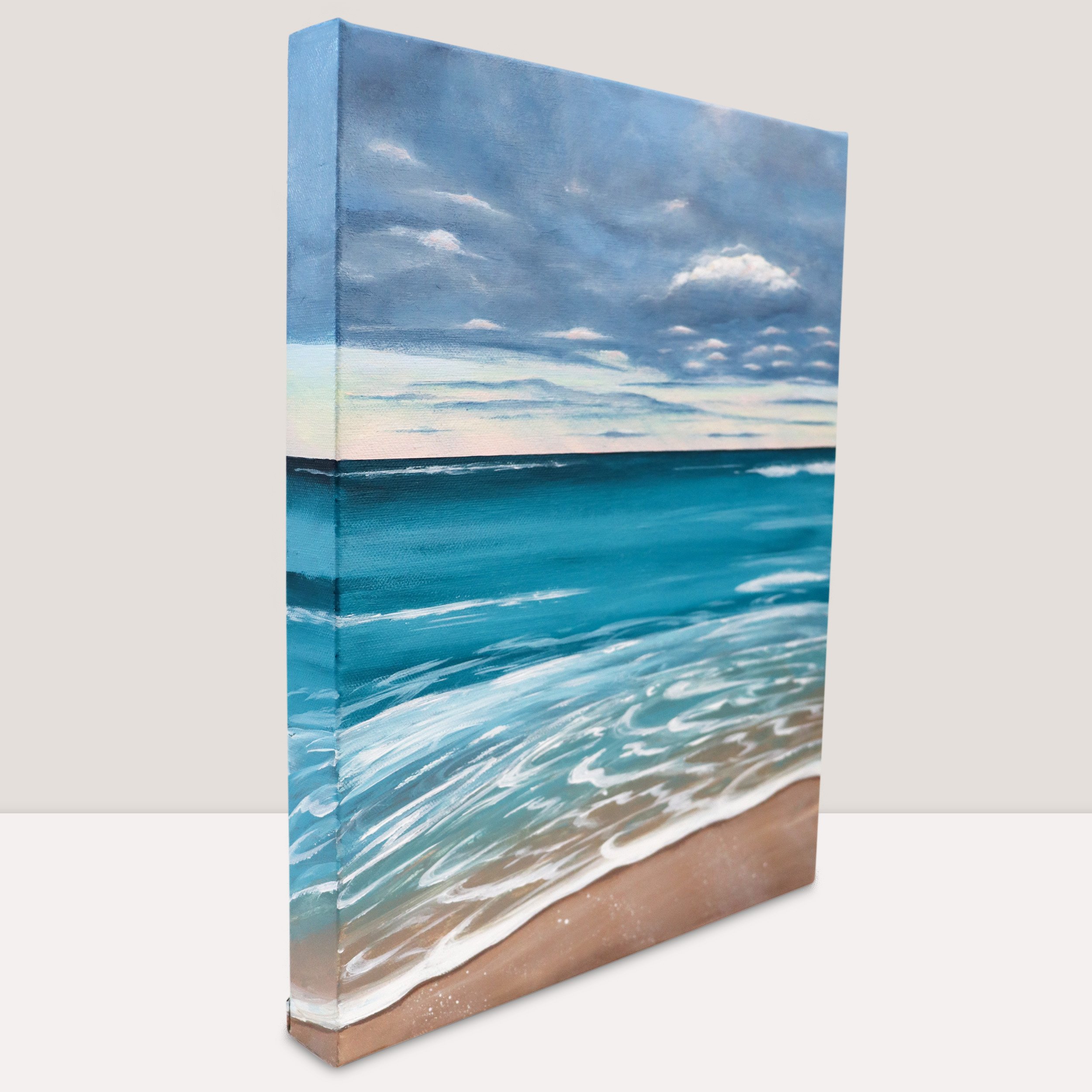 Ocean Calm, Acrylic Canvas Painting, Seascape Art, Beach Artwork, Moody Sky Calm Water