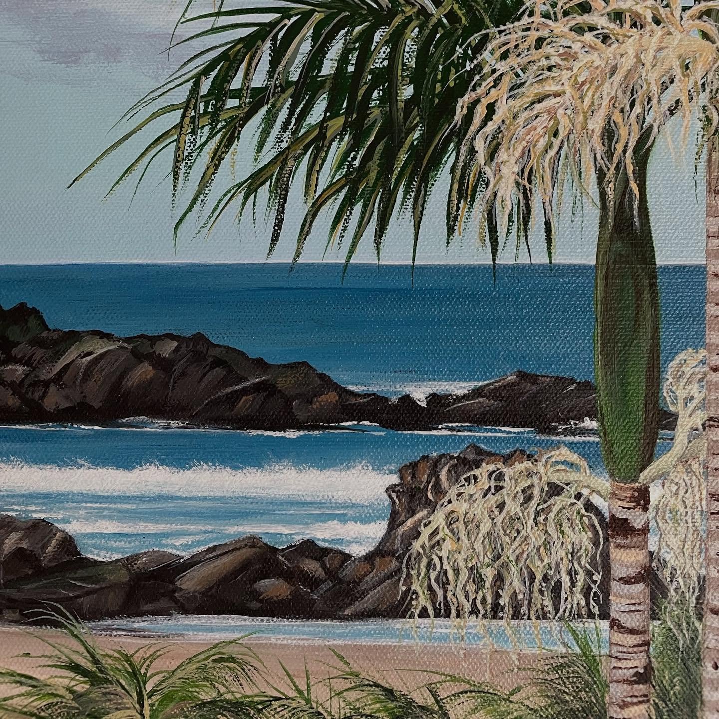 It&rsquo;s been a while since I last shared, but I&rsquo;ve been busy creating! Here&rsquo;s a little peek at my latest painting, inspired by the beautiful Diggers Beach in Coffs Harbour. I loved capturing the tropical palms and secluded cove&mdash;c