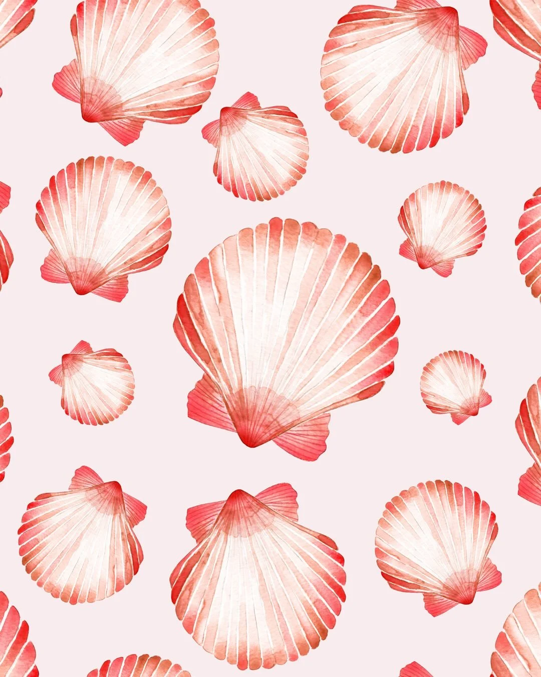 A closer look at one of the designs from my Pattern Library.

A coastal-inspired repeat of scattered scallop shells in warm coral tones, with a soft, painterly sense of movement.

Originally painted in watercolour before evolving into a repeat patter