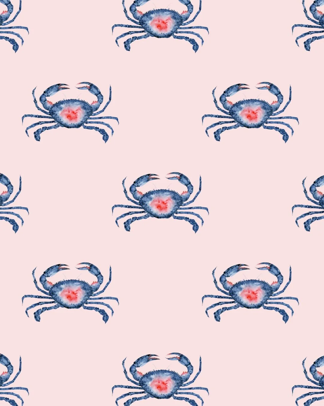 Seaside Scuttle &mdash; a coastal-inspired design from my Pattern Library.

Hand-painted in watercolour, featuring indigo crabs with coral accents arranged in a soft offset repeat.

Available for licensing.

#surfacepatterndesign #patternlicensing #a