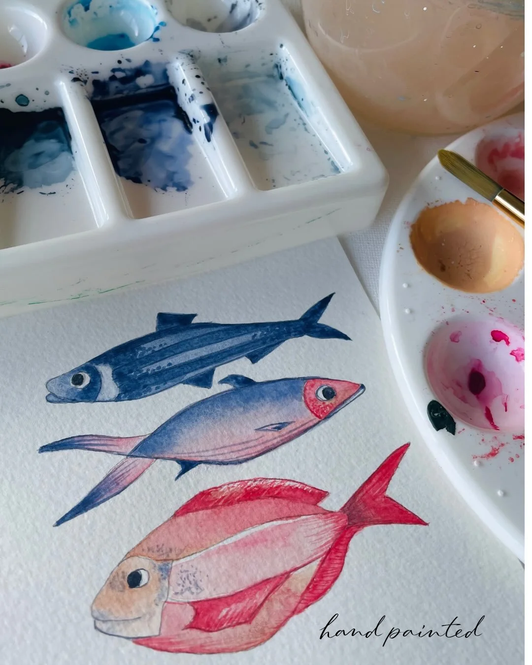 Keeping with the coastal theme, I thought I&rsquo;d share School of Fish &mdash; a playful design inspired by the movement of fish swimming together.

This carousel follows the journey from the original watercolour painting, through to the repeat pat