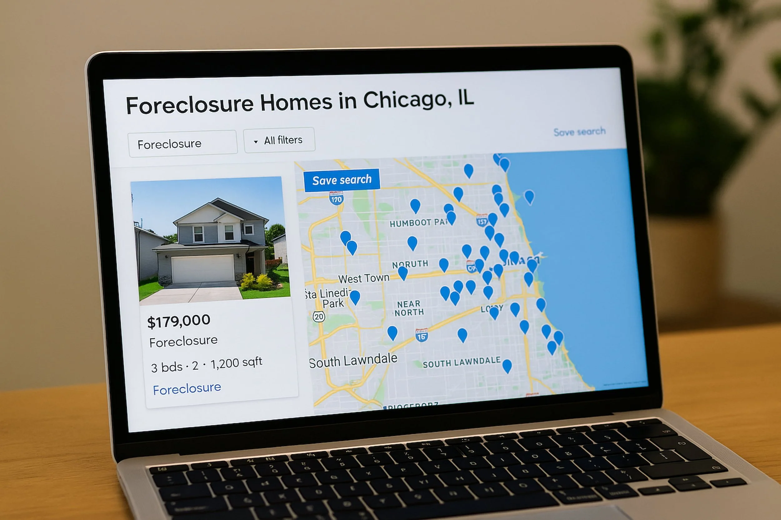 A laptop screen showing a foreclosure property listing map of Chicago.