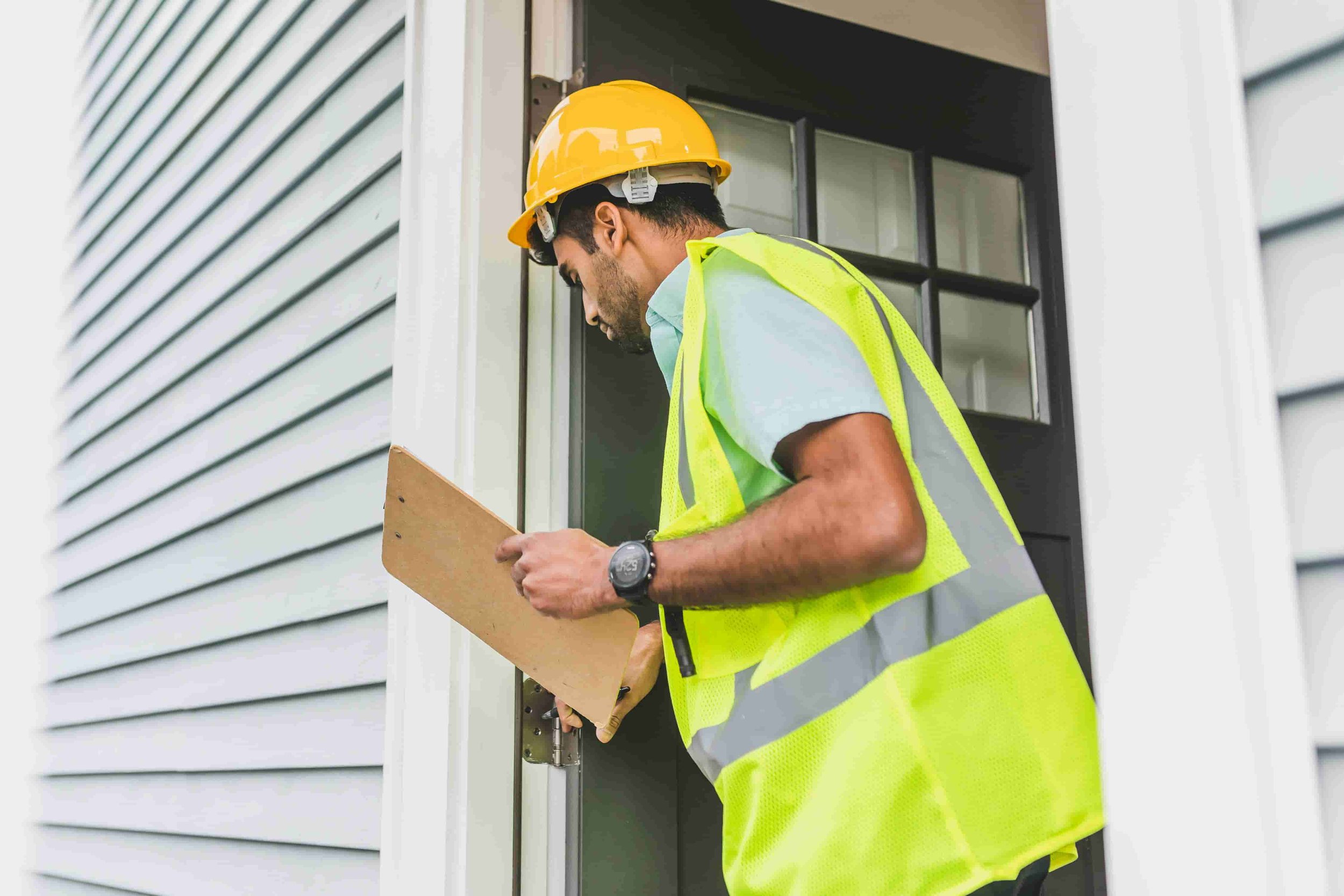 Building inspector examining structural code violations in Chicago residential property
