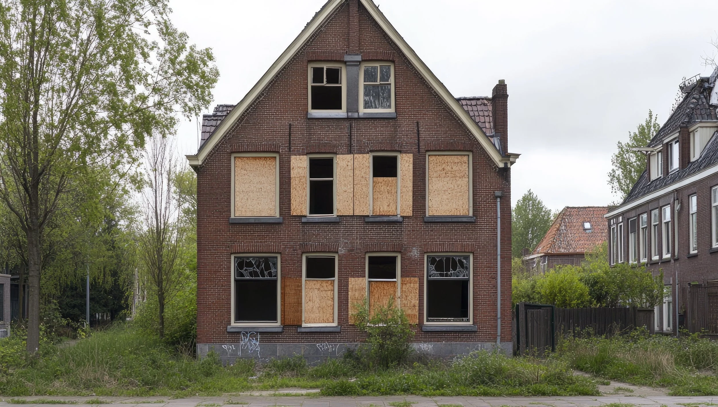 Abandoned property with broken windows and structural decay highlighting potential safety risks.