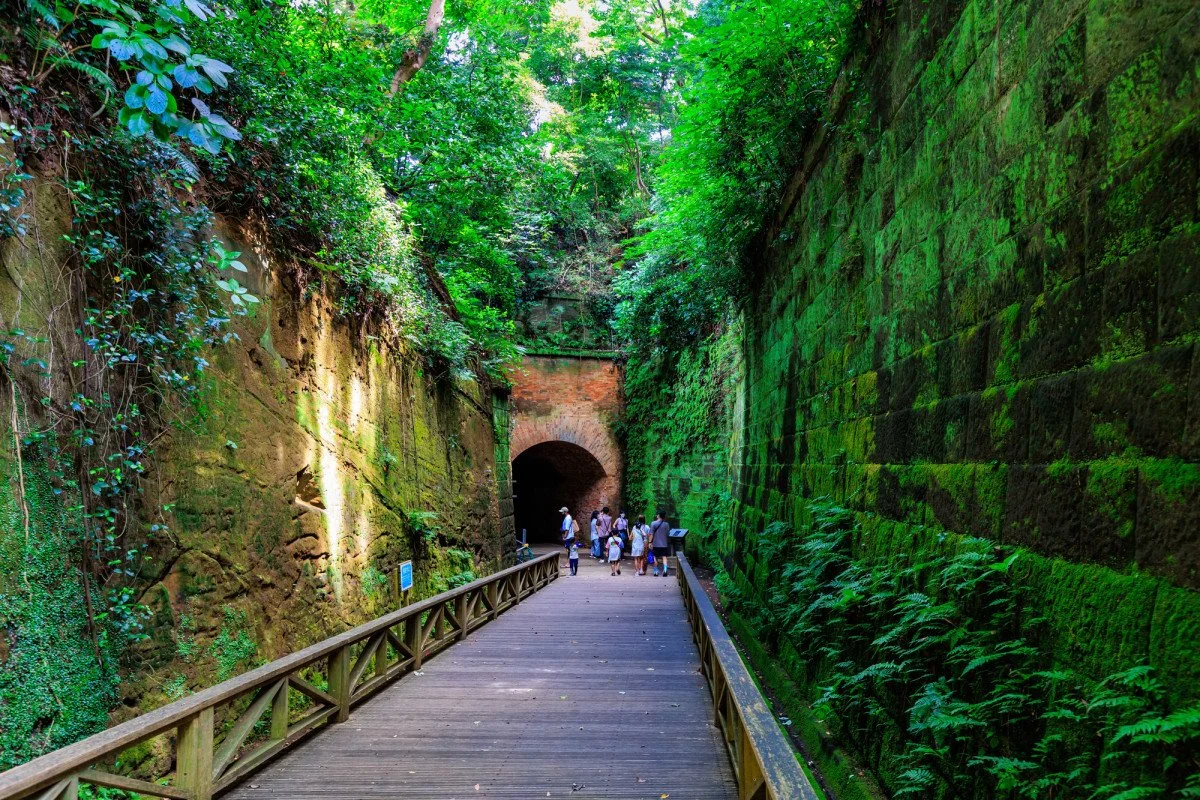 Moss-covered stone walls flank a wooden walkway leading to a red-brick tunnel on Sarushima Island in Tokyo Bay.