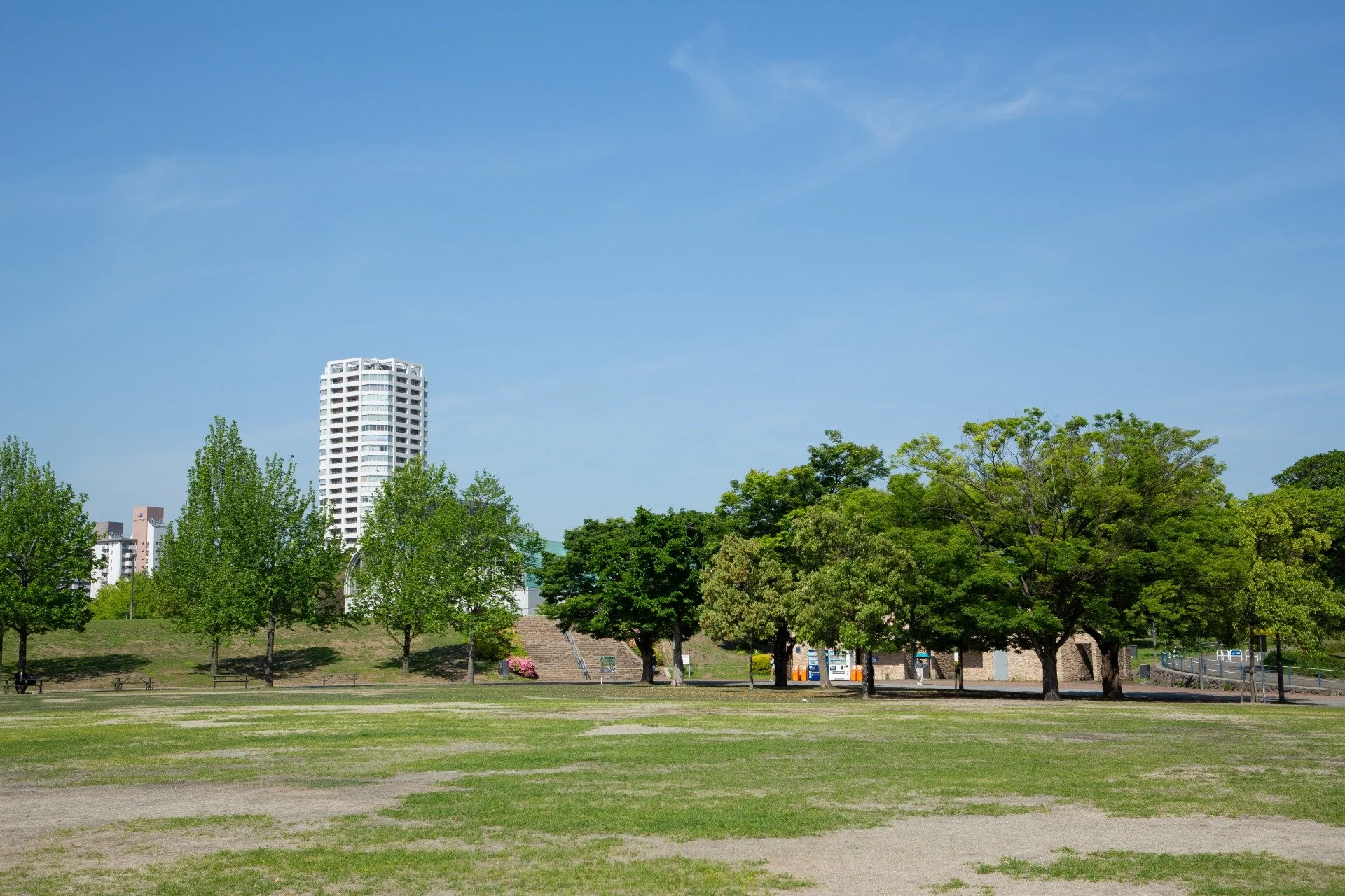 A bowl of udon noodle soup topped with green onions, tempura, beef, and a fish cake, served alongside onigiri rice balls wrapped in seaweed.