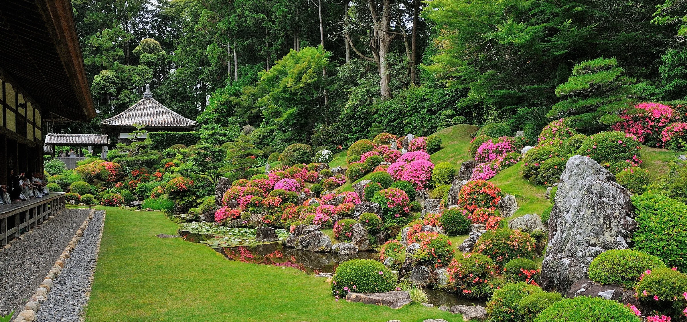 Azaleas and a reflective pond in Ryōtan-ji Temple's Kobori Enshū garden, Hamamatsu — a tranquil samurai-era retreat.