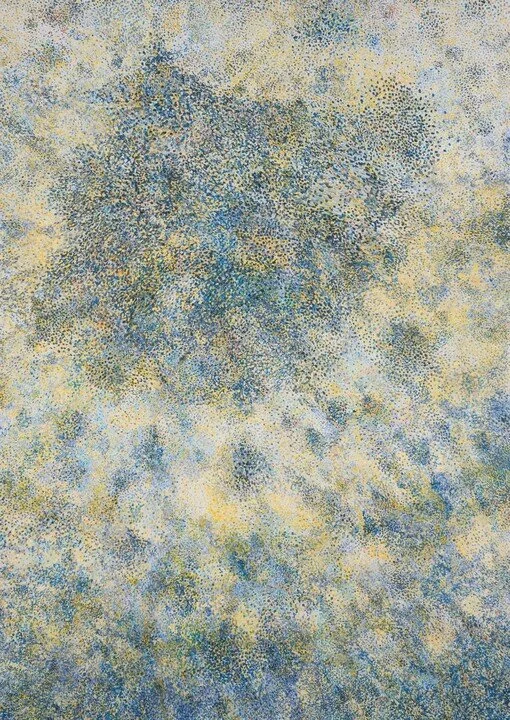 Ei-kyu's final painting Tsubasa — a luminous pointillist canvas of drifting dots in blue and yellow, at Miyazaki Prefectural Art Museum.