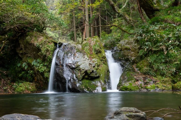 Twin waterfalls cascade past a moss-covered boulder into a still forest pool at Ohtaki Fudoson, a hidden sacred sanctuary in Koshu, Yamanashi.
