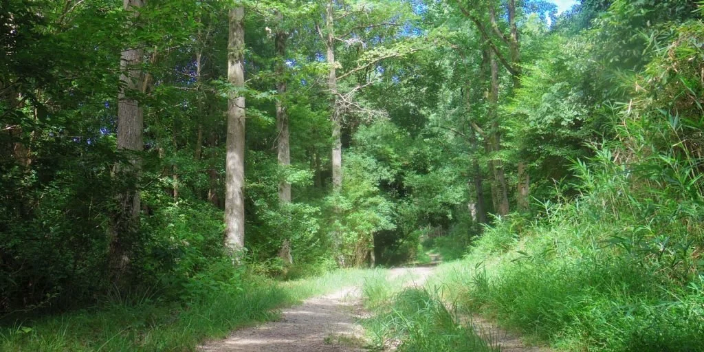 Sunlit forest trail winding through lush green trees at Tatsunokuchi Green Shower Forest, a peaceful hiking spot in Okayama, Japan.