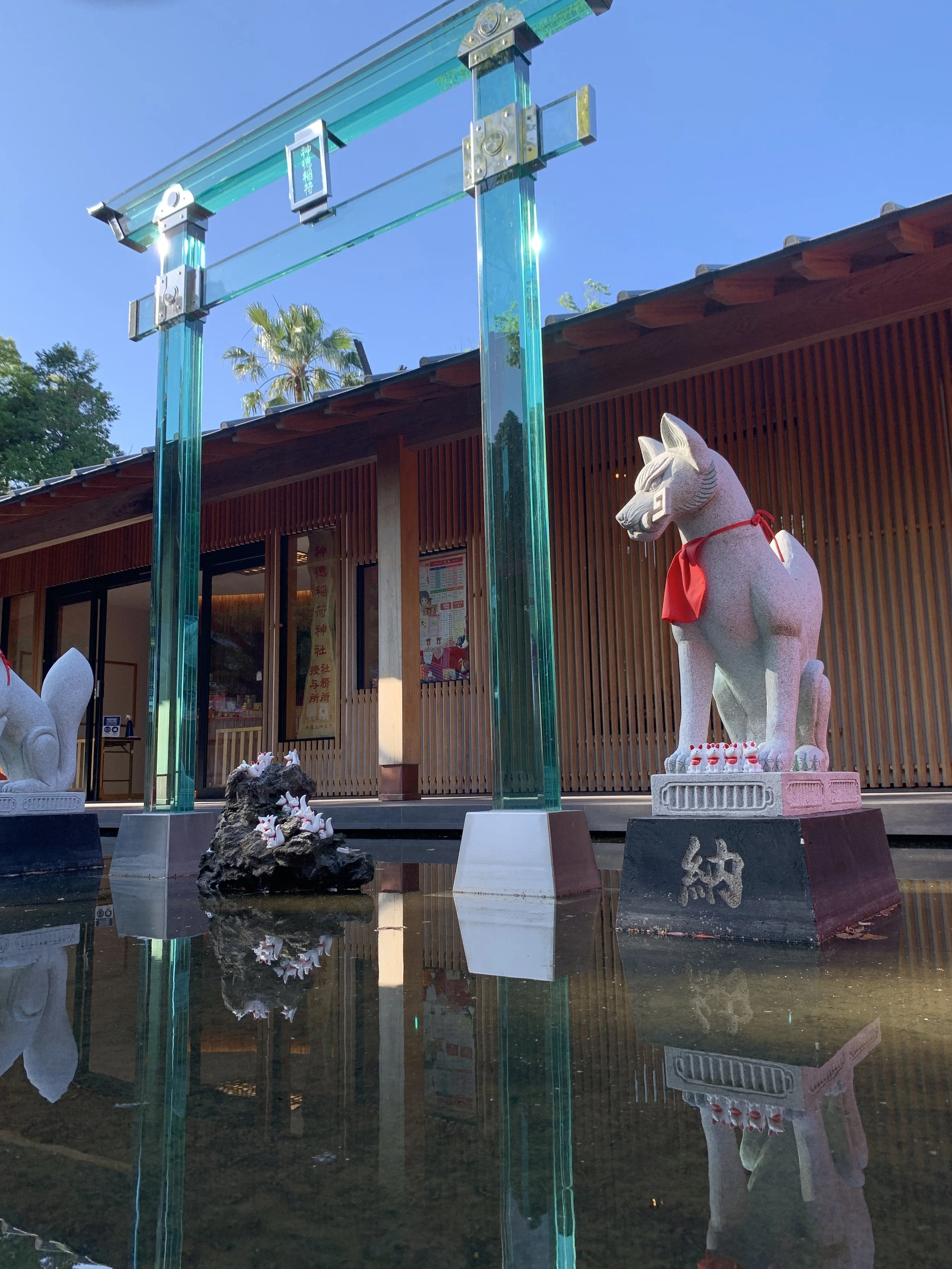 Transparent glass torii gate reflected in a still pool beside a red-scarved stone fox statue at JintokuInari Jinjya, Kagoshima.