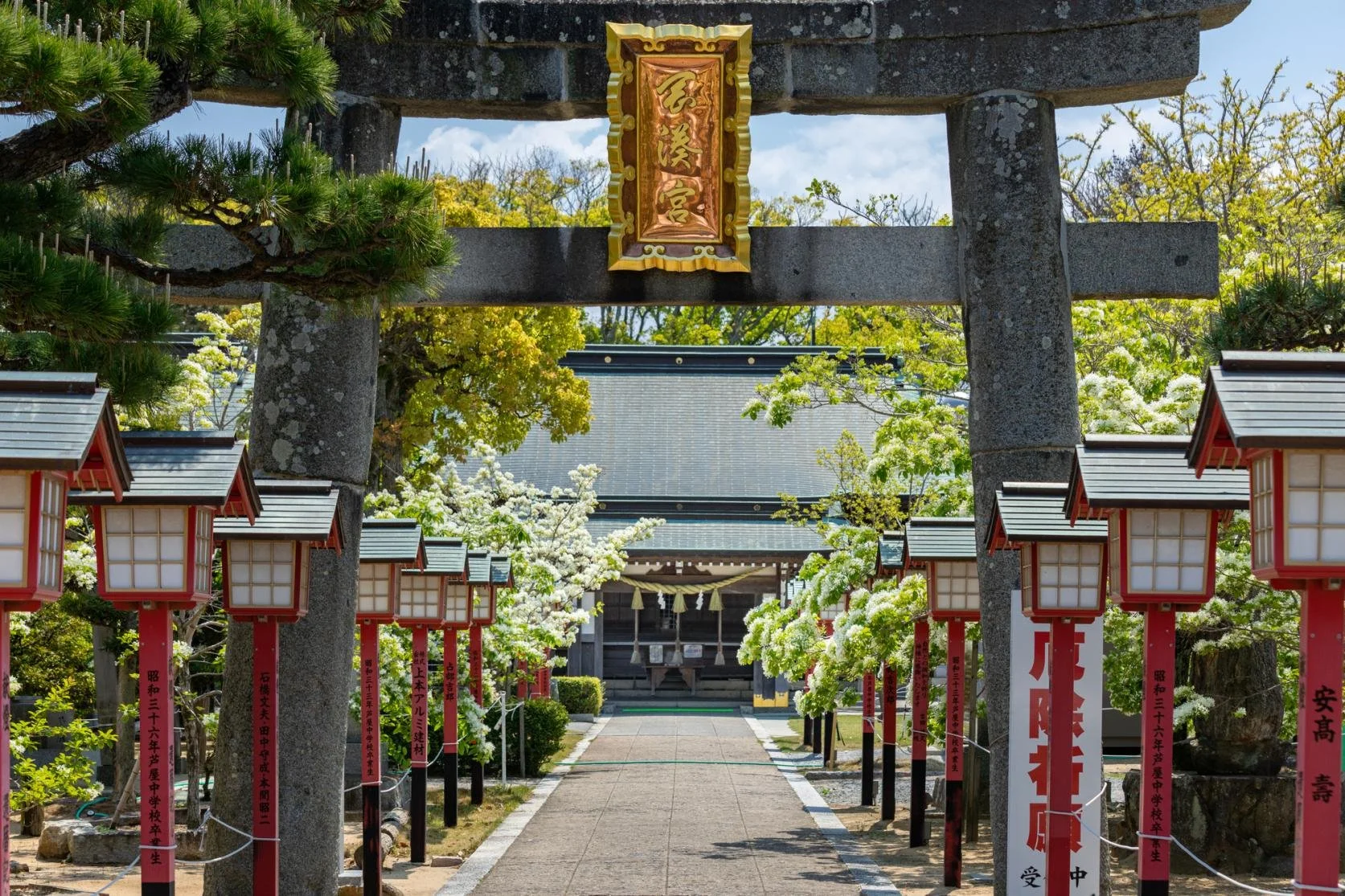 Stone torii gate framing a red lantern-lined path to Okanominato Shrine in Ashiya, Fukuoka — a peaceful 1,800-year-old hidden sanctuary.