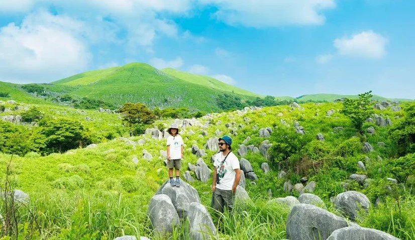 A bowl of udon noodle soup topped with green onions, tempura, beef, and a fish cake, served alongside onigiri rice balls wrapped in seaweed.