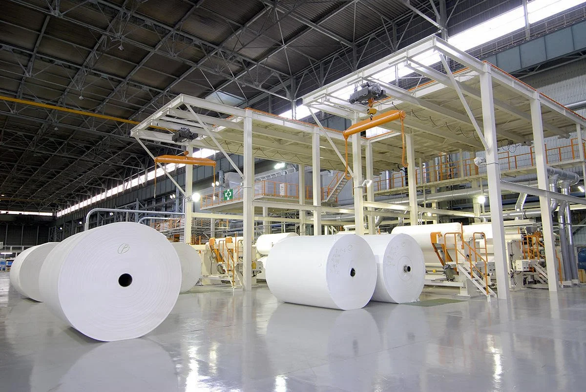 Massive rolls of recycled paper lining the floor of Kyushu Paper's Kitakyushu plant — an industrial sustainability pioneer in Northern Kyushu.