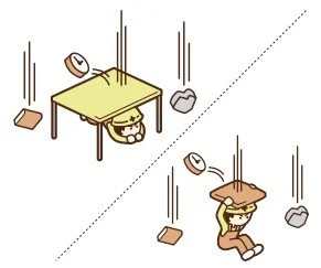 Cartoon illustration showing earthquake safety — a person sheltering under a table and protecting their head with a board from falling objects.