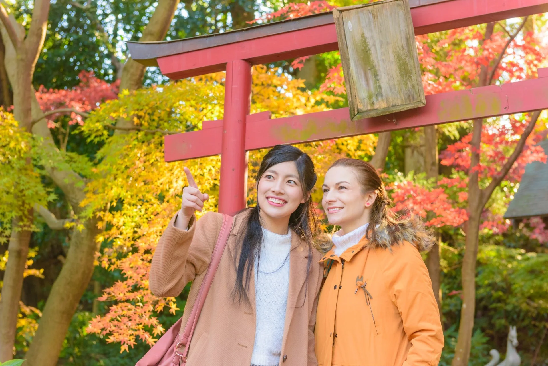 Two women standing under a red torii gate surrounded by autumn foliage, one of them pointing at something in the sky.