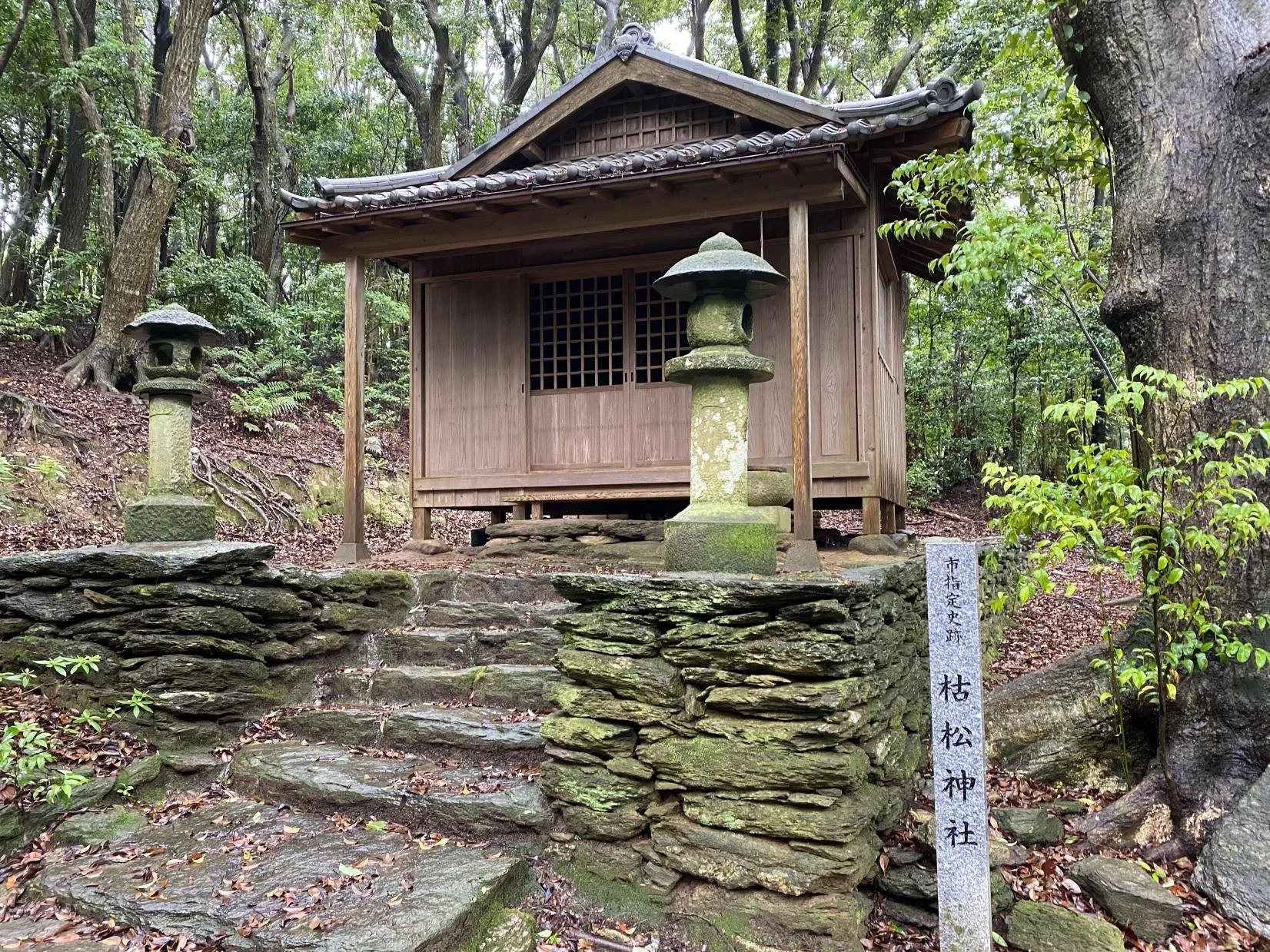 Karematsu Shrine in Nagasaki — a small wooden shrine with moss-covered stone lanterns and steps in a quiet forest, a hidden Christian sanctuary.